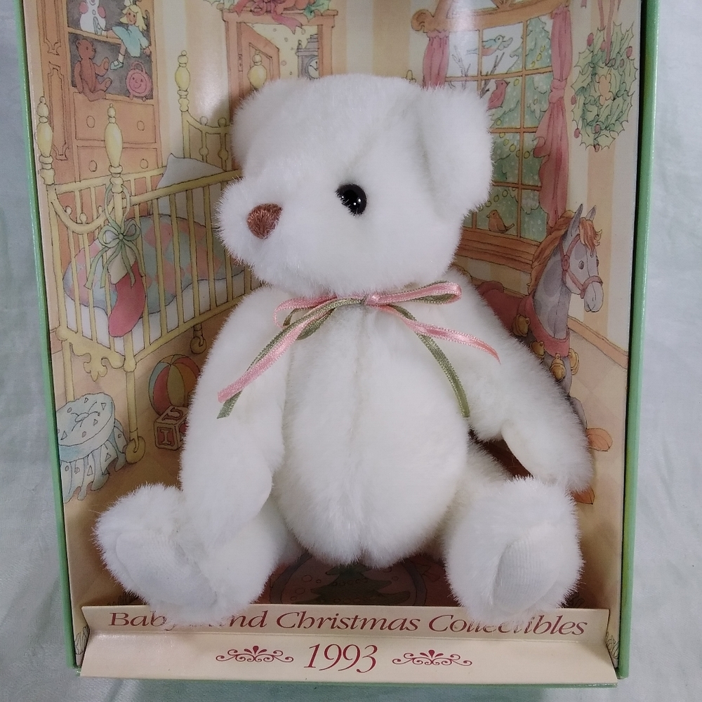Baby Gund Christmas Collectibles 1993 Teddy Bear White Plush With Ribbon Bow NOS - Picture 9 of 12